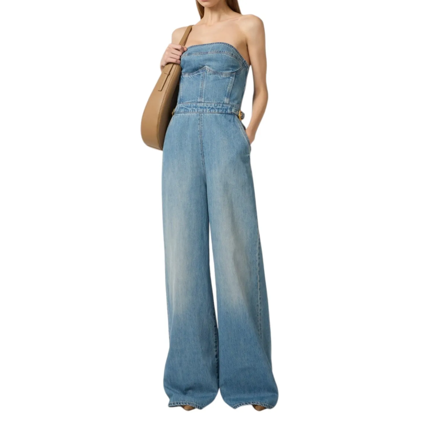 Tuta donna bustier in denim con fibbie