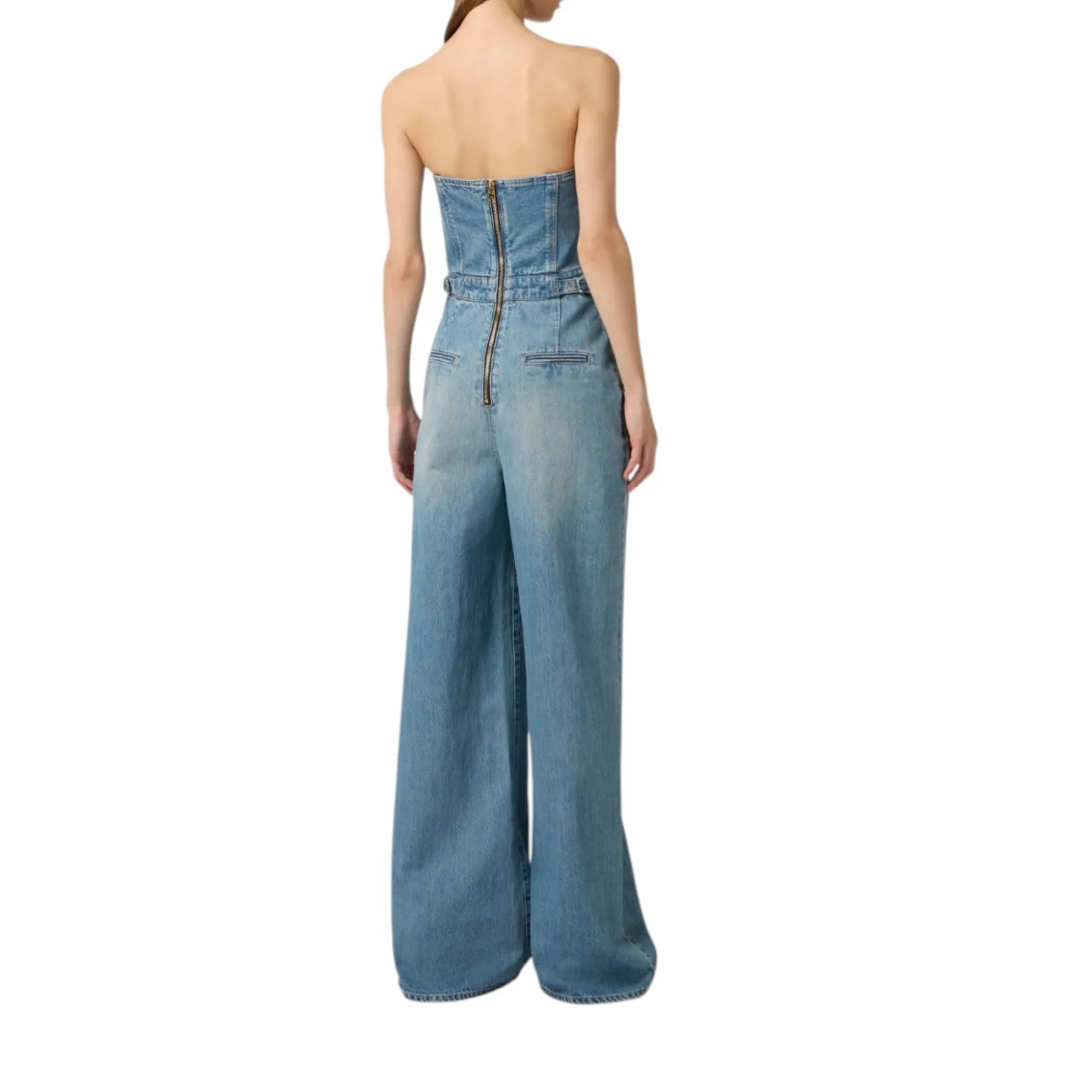 Tuta donna bustier in denim con fibbie