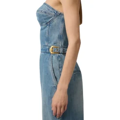 Tuta donna bustier in denim con fibbie